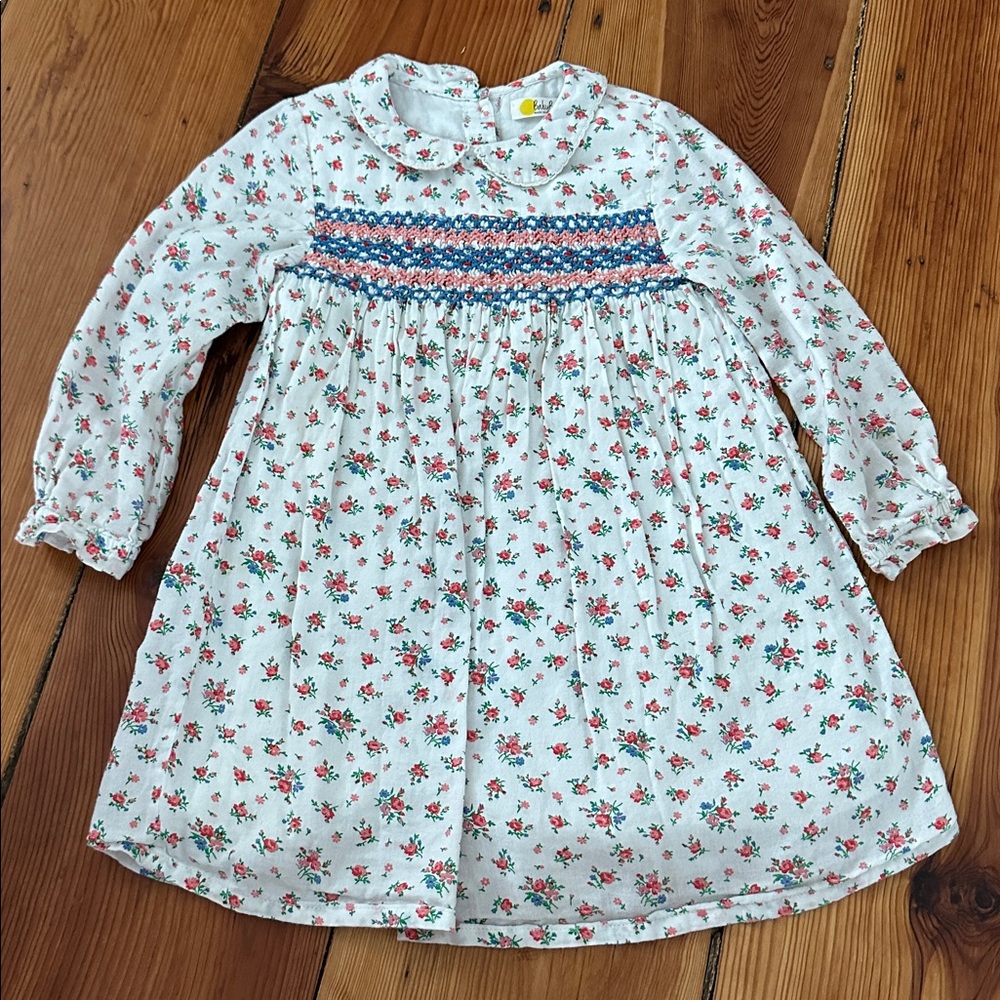 Mini Boden Floral Smocked Dress - White and Red and Blue